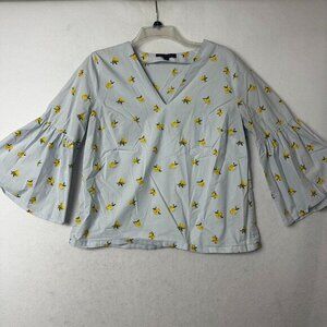 Banana Republic shirt women M Lemon‎ Bell Sleeve Top Blue and Yellow fluted